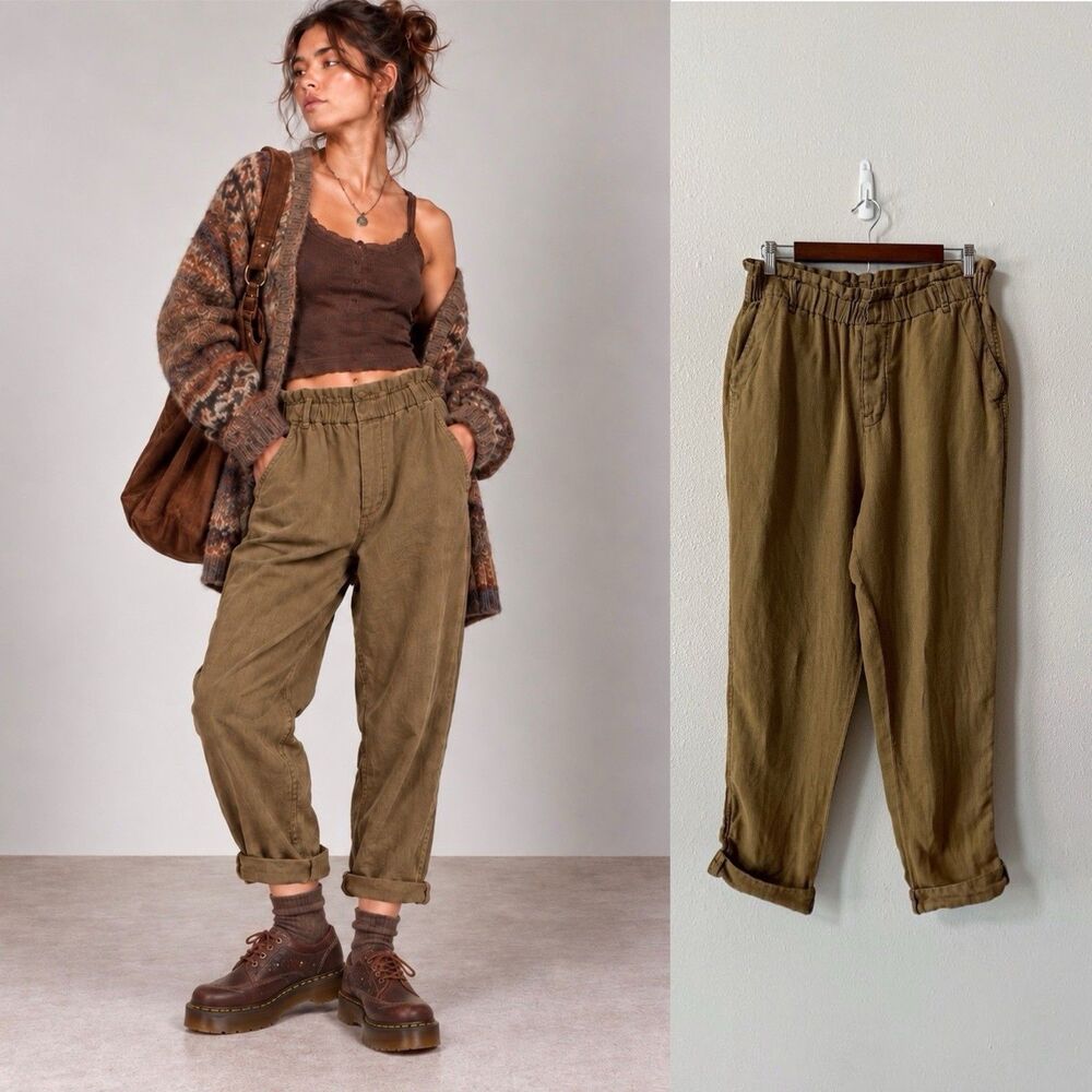Free People 100% Linen Pants M Olive Brown Paperbag Waist Cropped Casual Boho